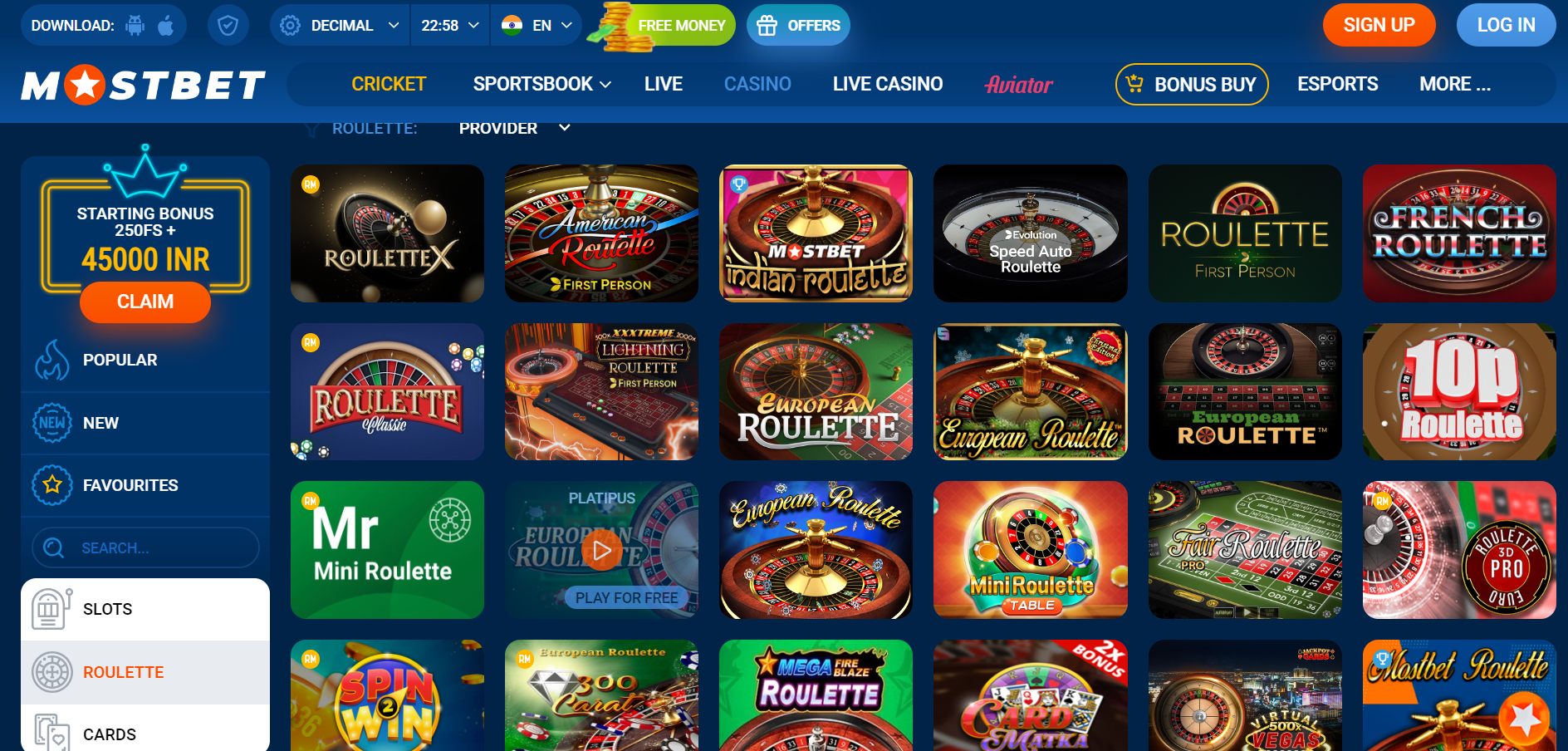 Roulette game on Mostbet