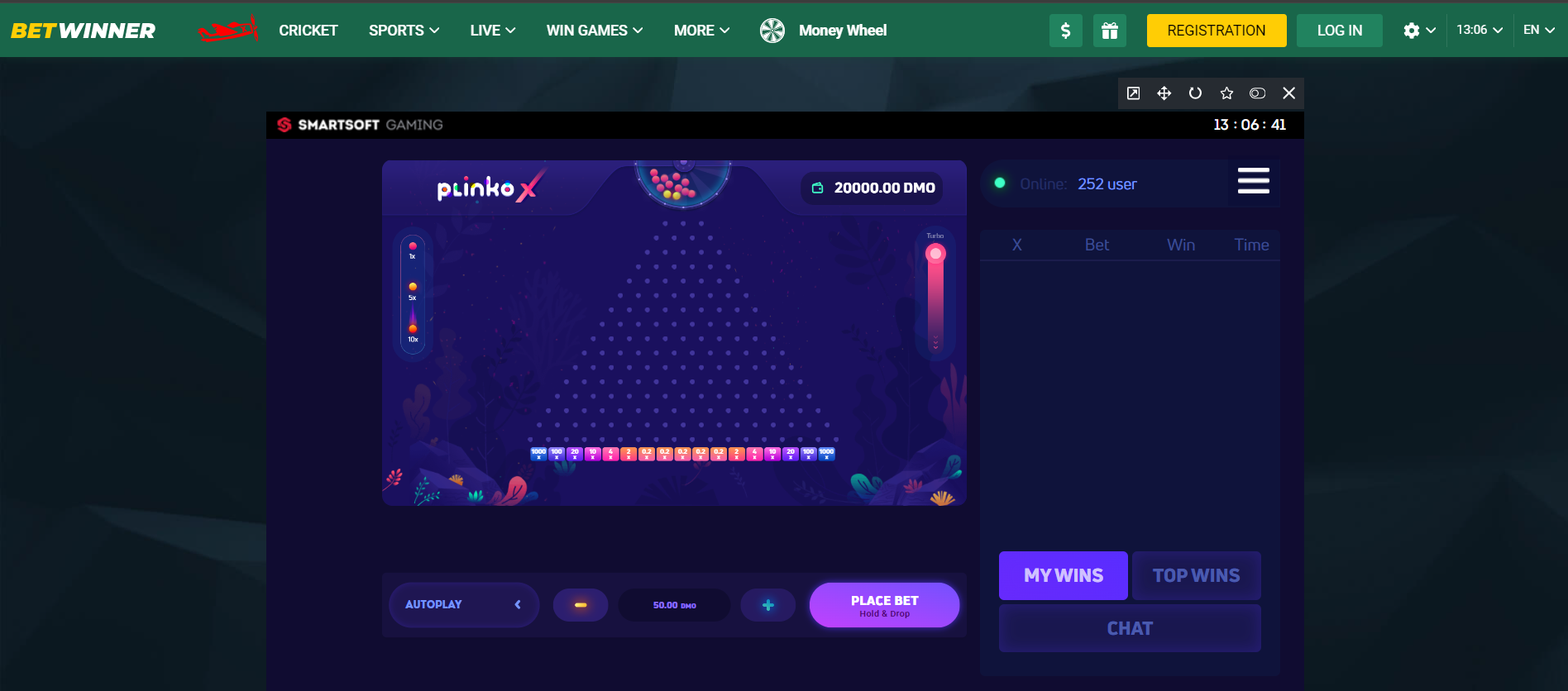 Plinko game at Betwinner