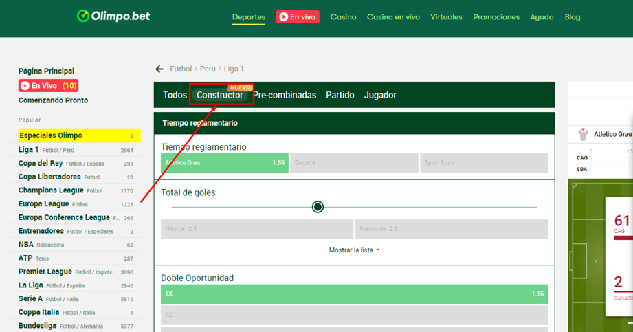 muestra la pestaña de Constructor de apuestas en Olimpo Bet