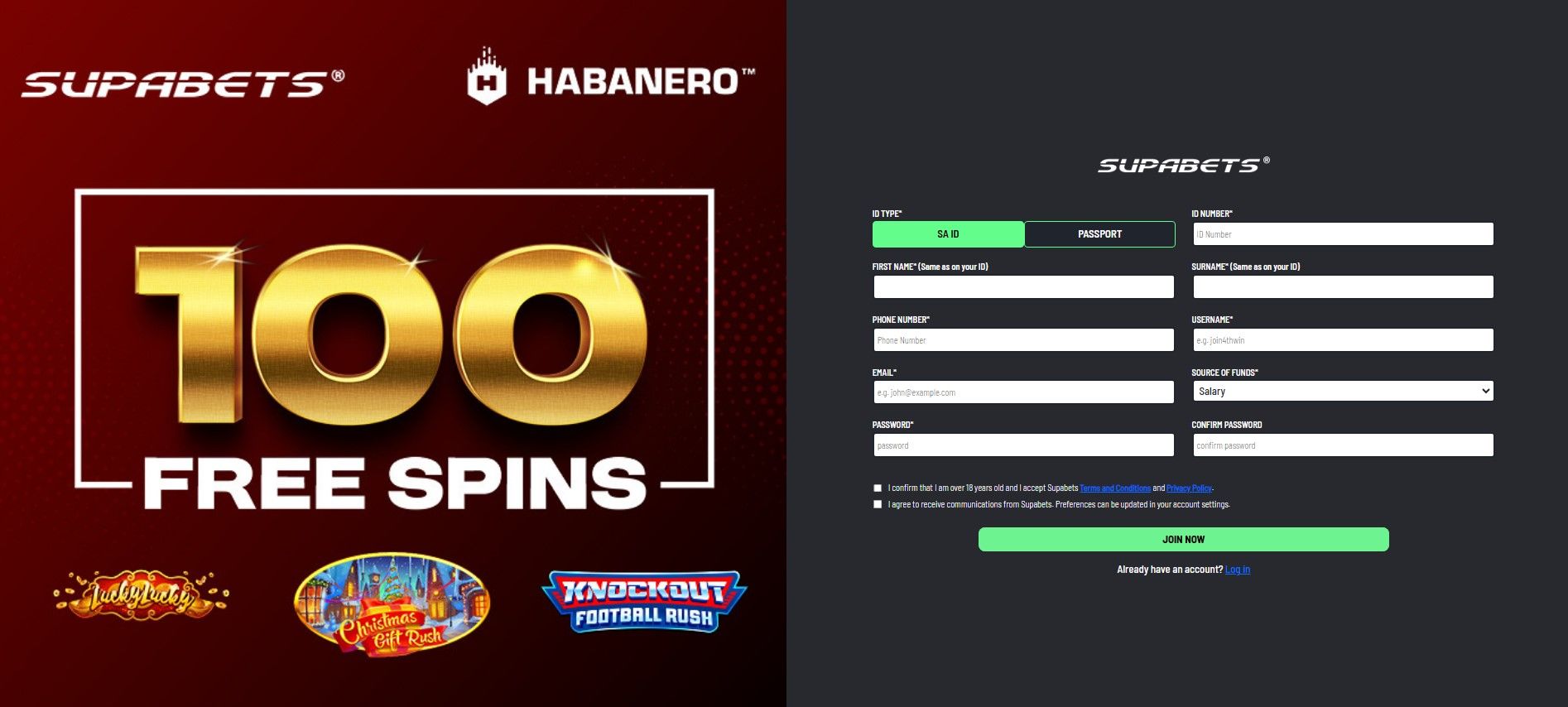 A form for signing up on supabets