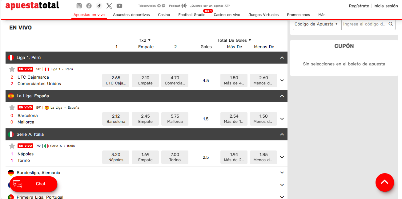 Apuesta total Perú sección de apuestas en vivo