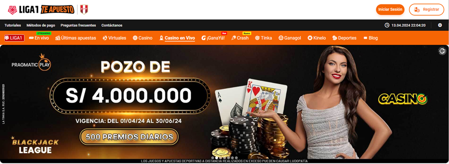 Se muestra la página de casino en vivo de Te Apuesto Perú
