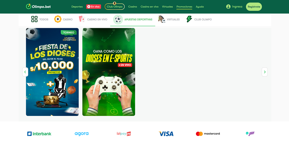 Se muestra la sección de las promociones de Olimpo Bet dirigidas a las apuestas