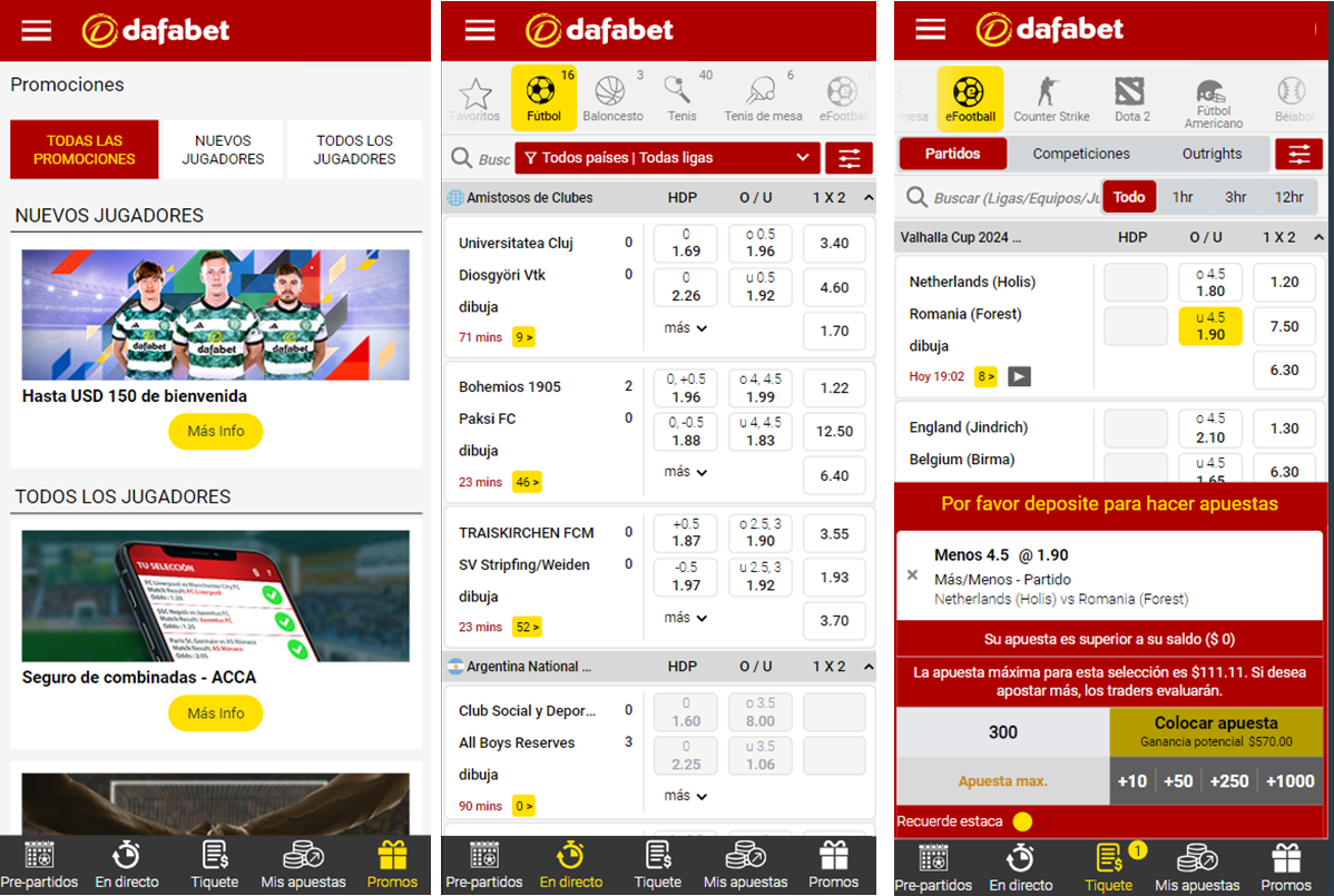 Imagen que muestra tres screenshots de  Dafabet app android