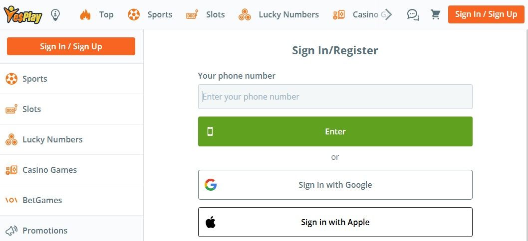 Yesplay signup form Form for setting up Yesplay account