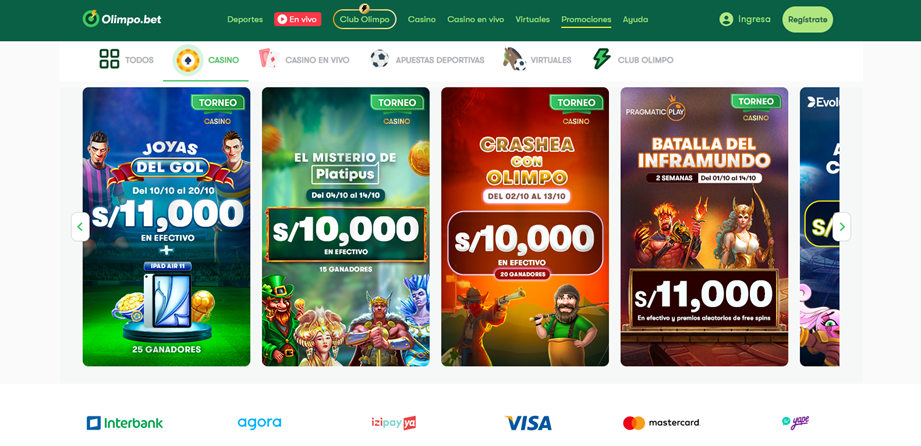 Muestra la sección de bonos para casino con algunas opciones