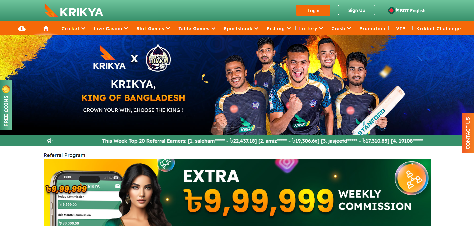 Homepage of Krikya casino