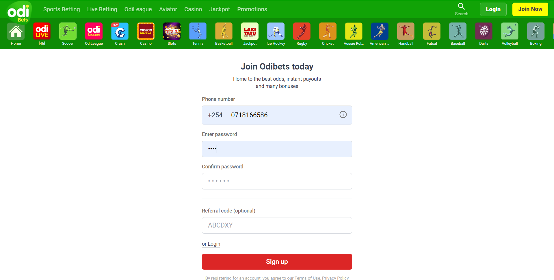 Images showing the registration in Odibets Aviator game
