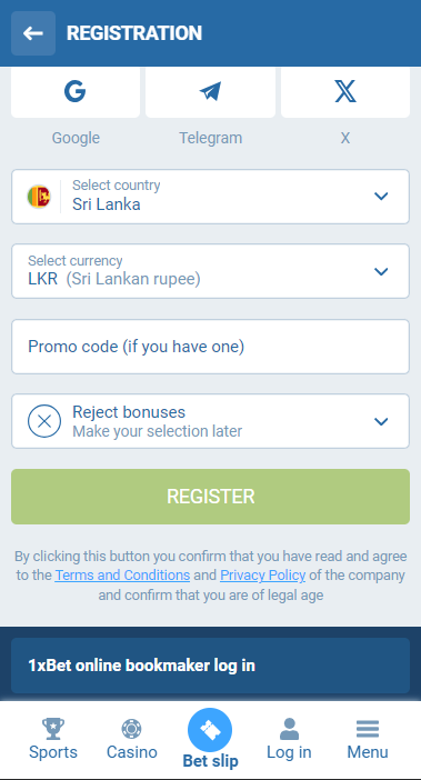 1xBet app registration