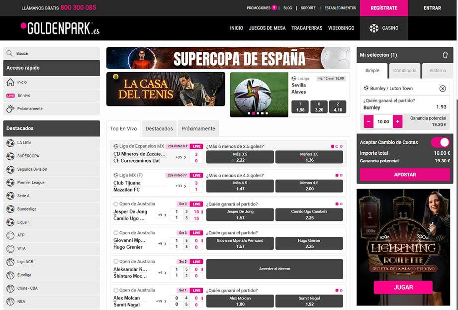 Sección de apuestas deportivas de la web GoldenPark