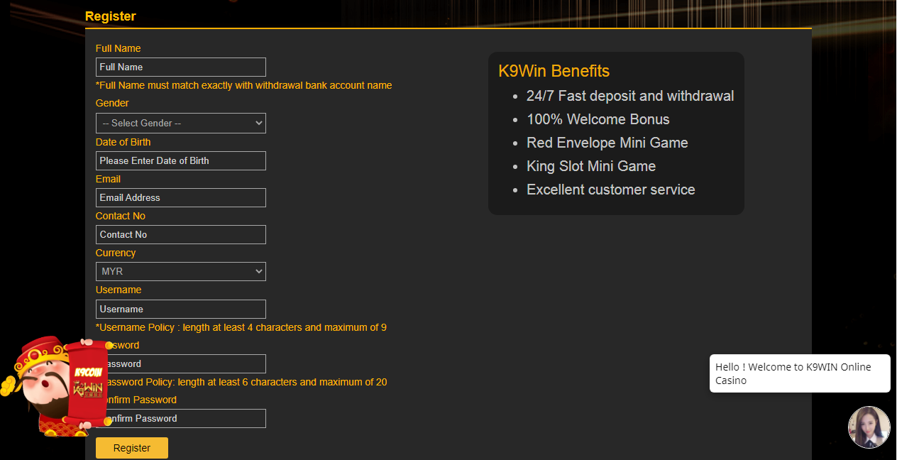 An image of the K9Win sign-up form page