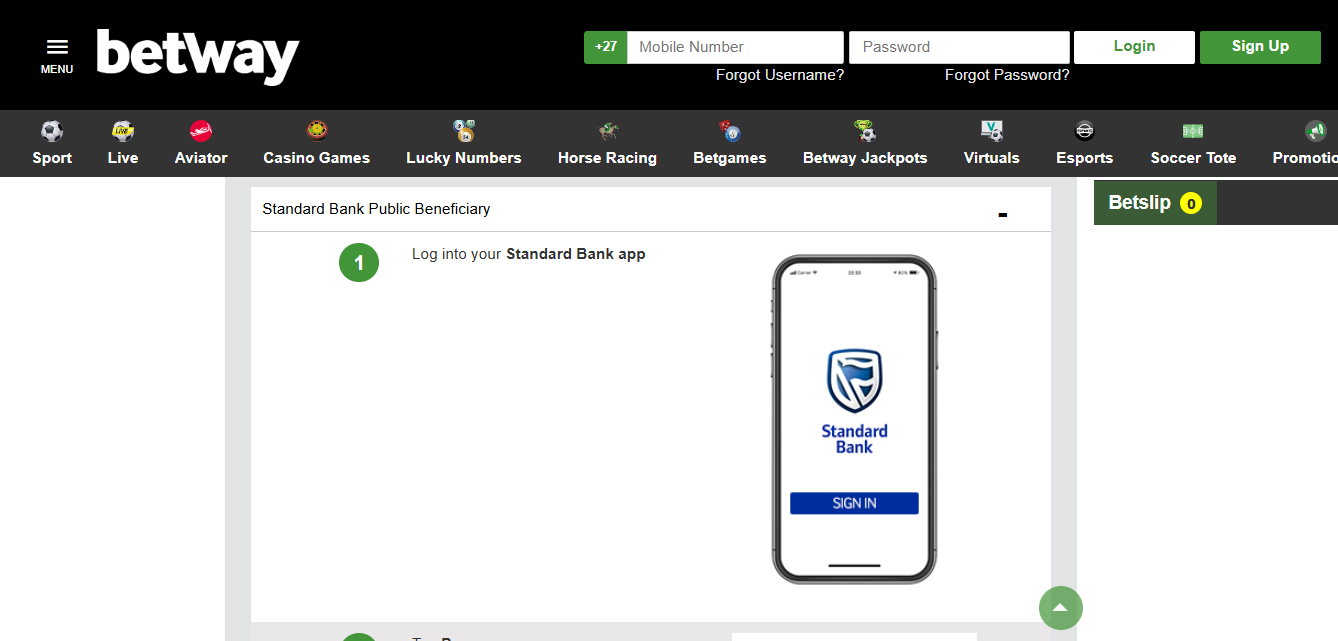 Betway South Africa Standard Bank EFT Deposit