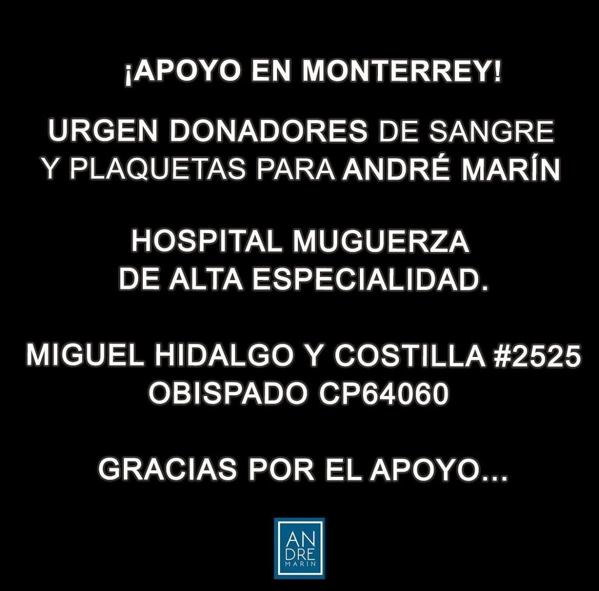 Datos para donación de sangre y plaquetas a André Marín.