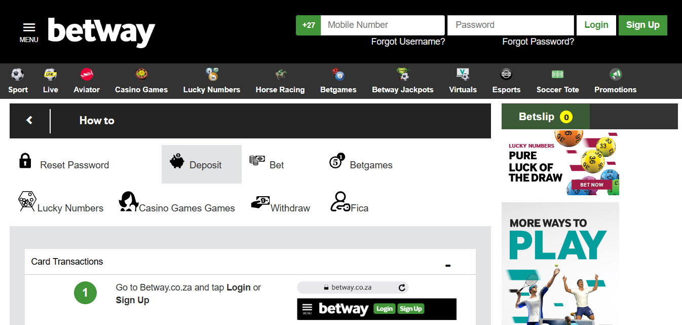 Betway South Africa Card Transactions Deposit