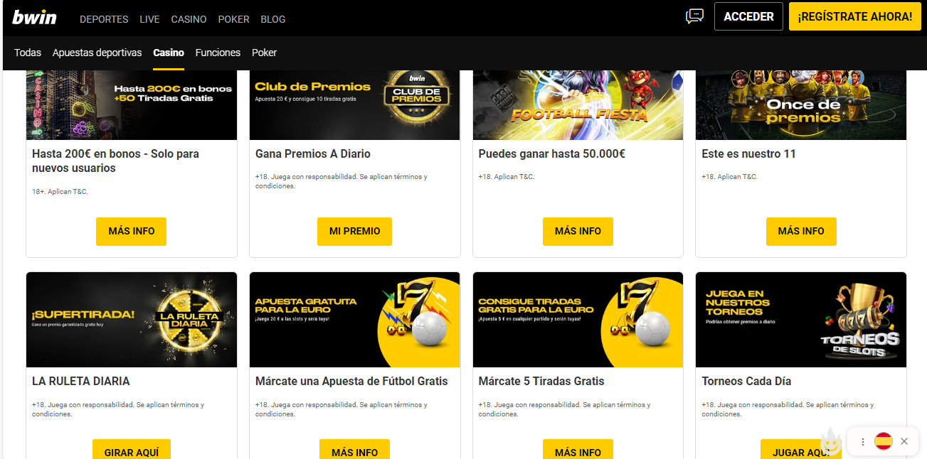 Sección de promociones y bonos de Bwin España casa de apuestas