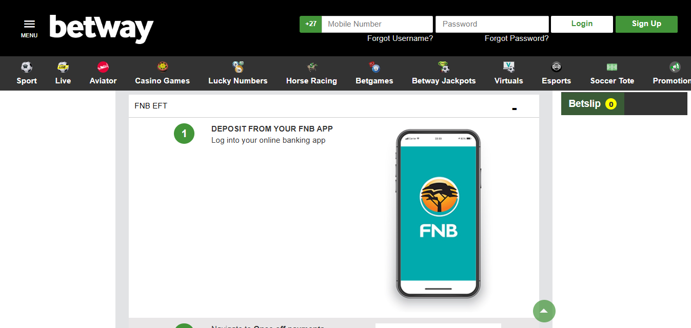 Betway South Africa FNB EFT Deposit