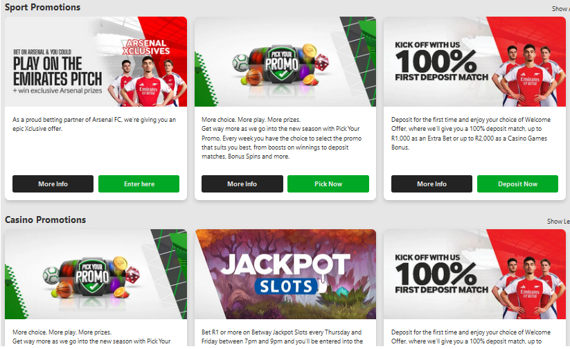 Image of Betway Mobile App Bonuses Page