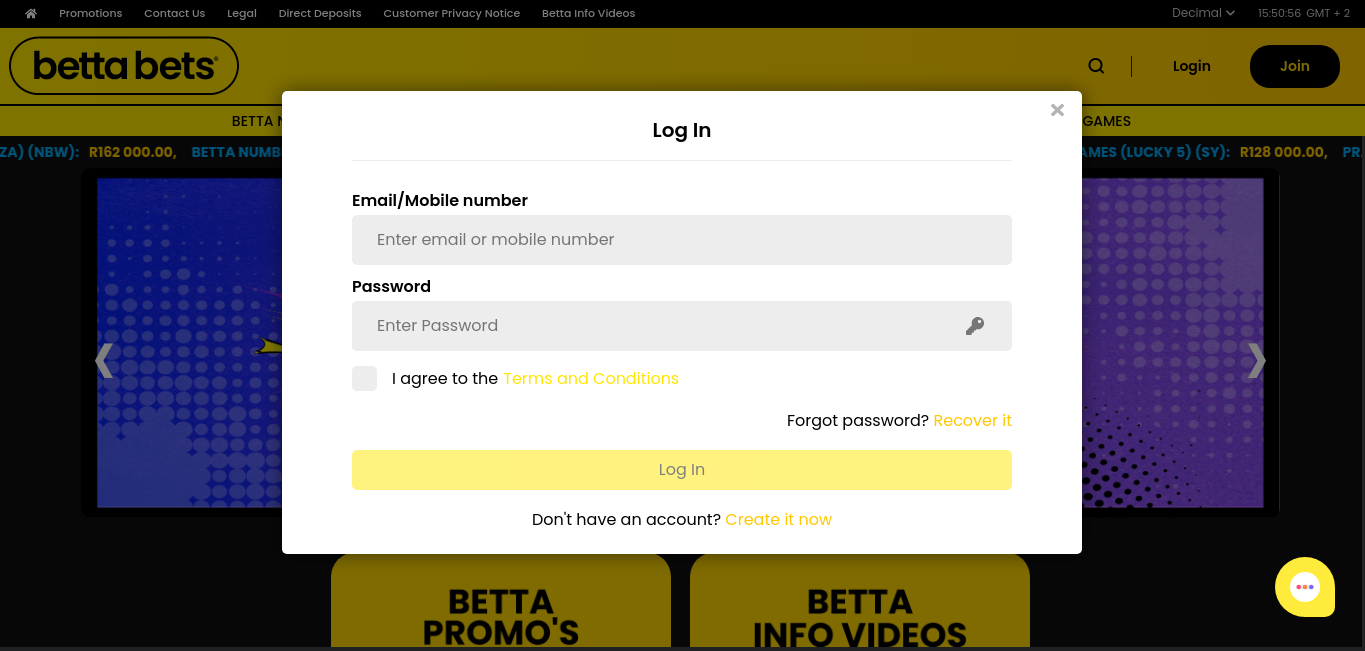 Bettabets South Africa login page