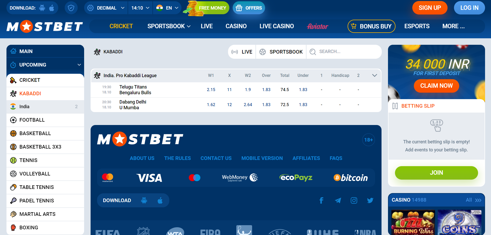 Kabaddi betting on Mostbet