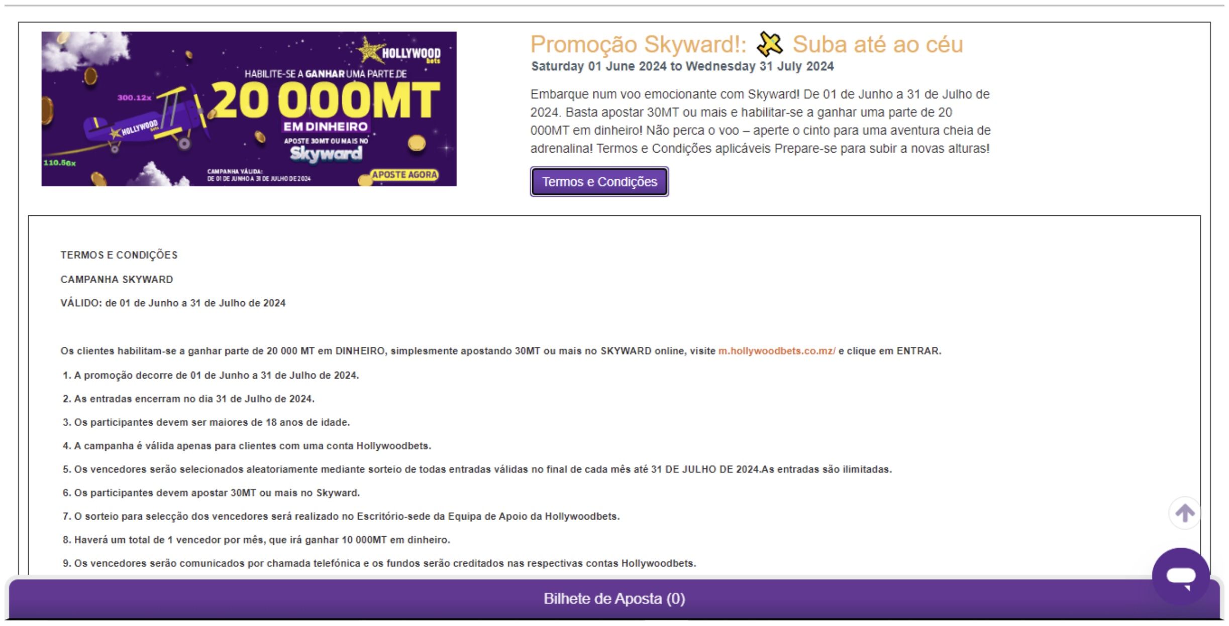 Oferta promocional da Hollywoodbets Moçambique