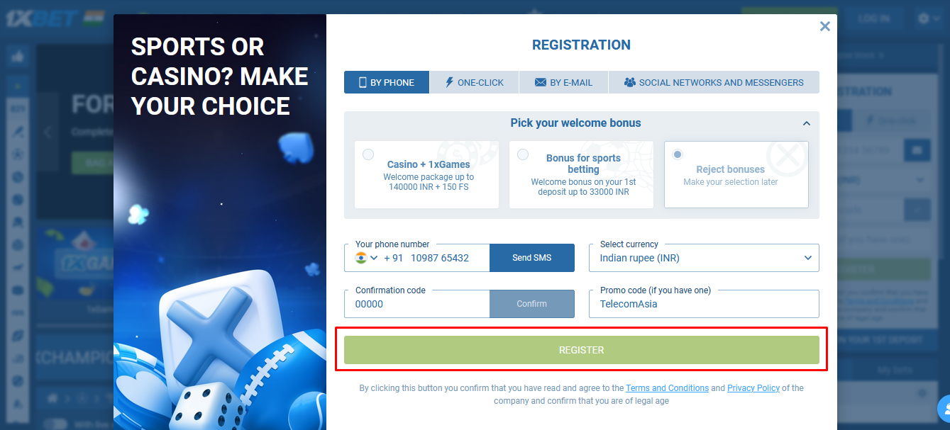 1xBet India Registration Form Image