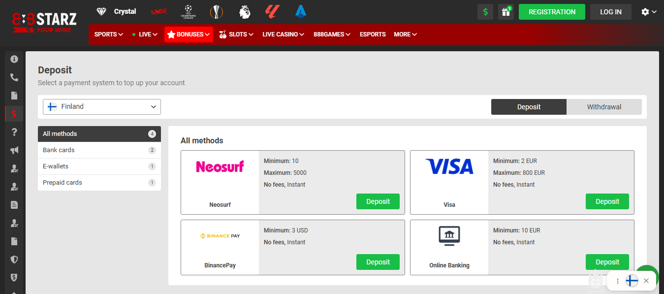 888starz Deposit Section