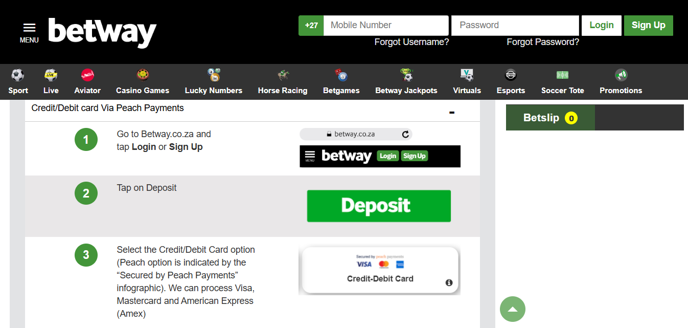 Betway South Africa Peach Payments Deposit