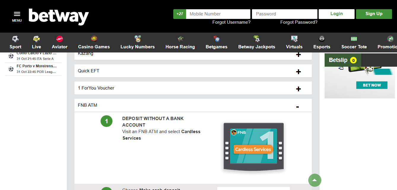 Betway South Africa FNB ATM Deposit