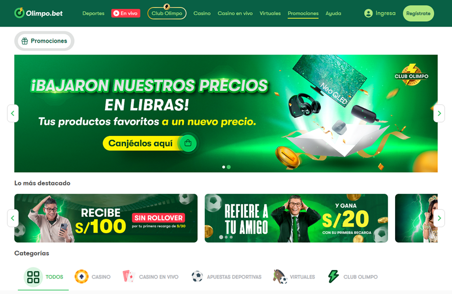 Sección de bonos y promociones de Olimpo Bet Perú