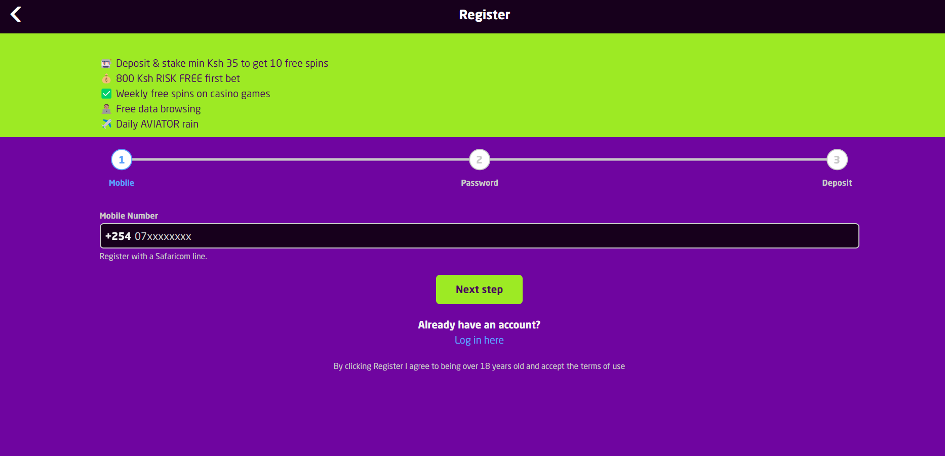 Images showing the registration in Bongobongo Aviator game