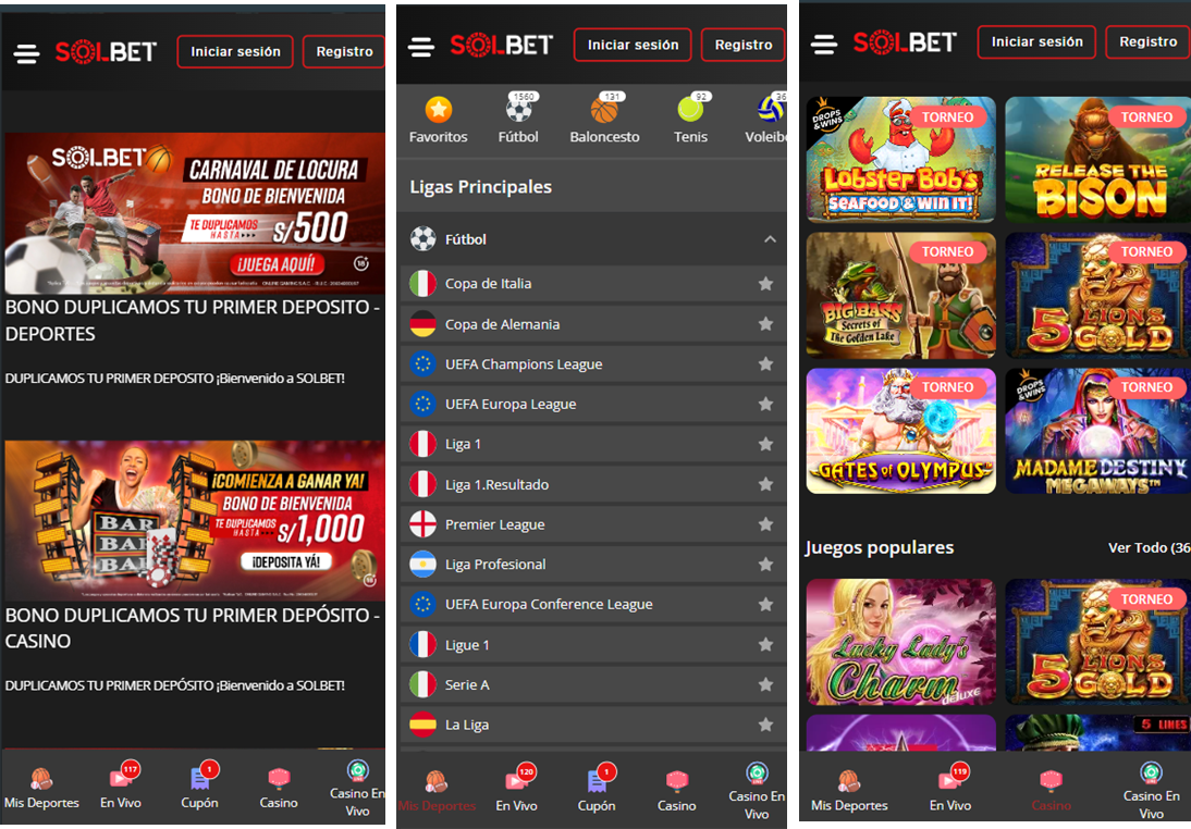 Tres screenshots de Solbet Perú desde su diseño responsive para dispositivos móviles