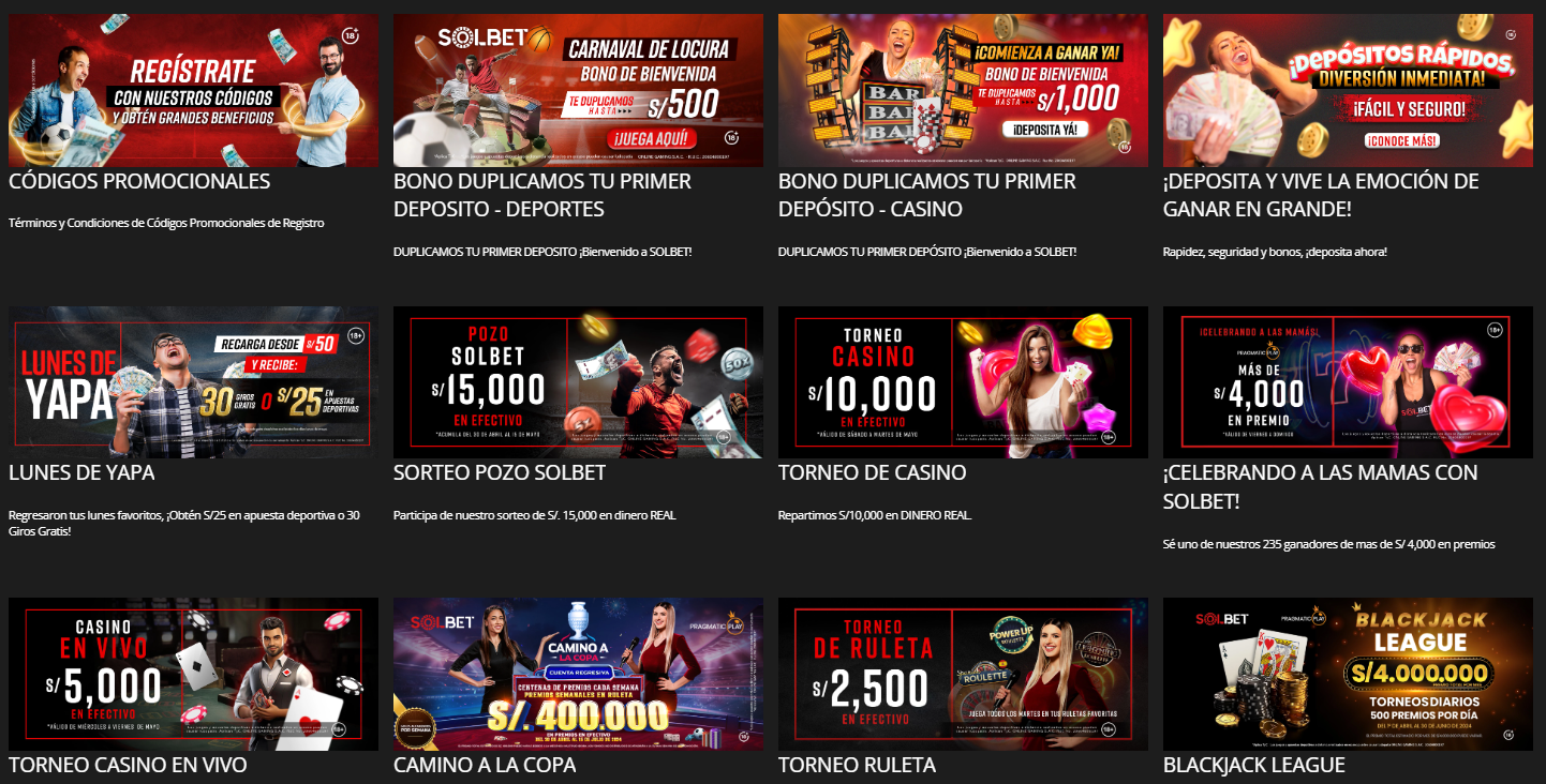 Imagen de ofertas y promociones actuales para casino y deportes en Solbet Perú