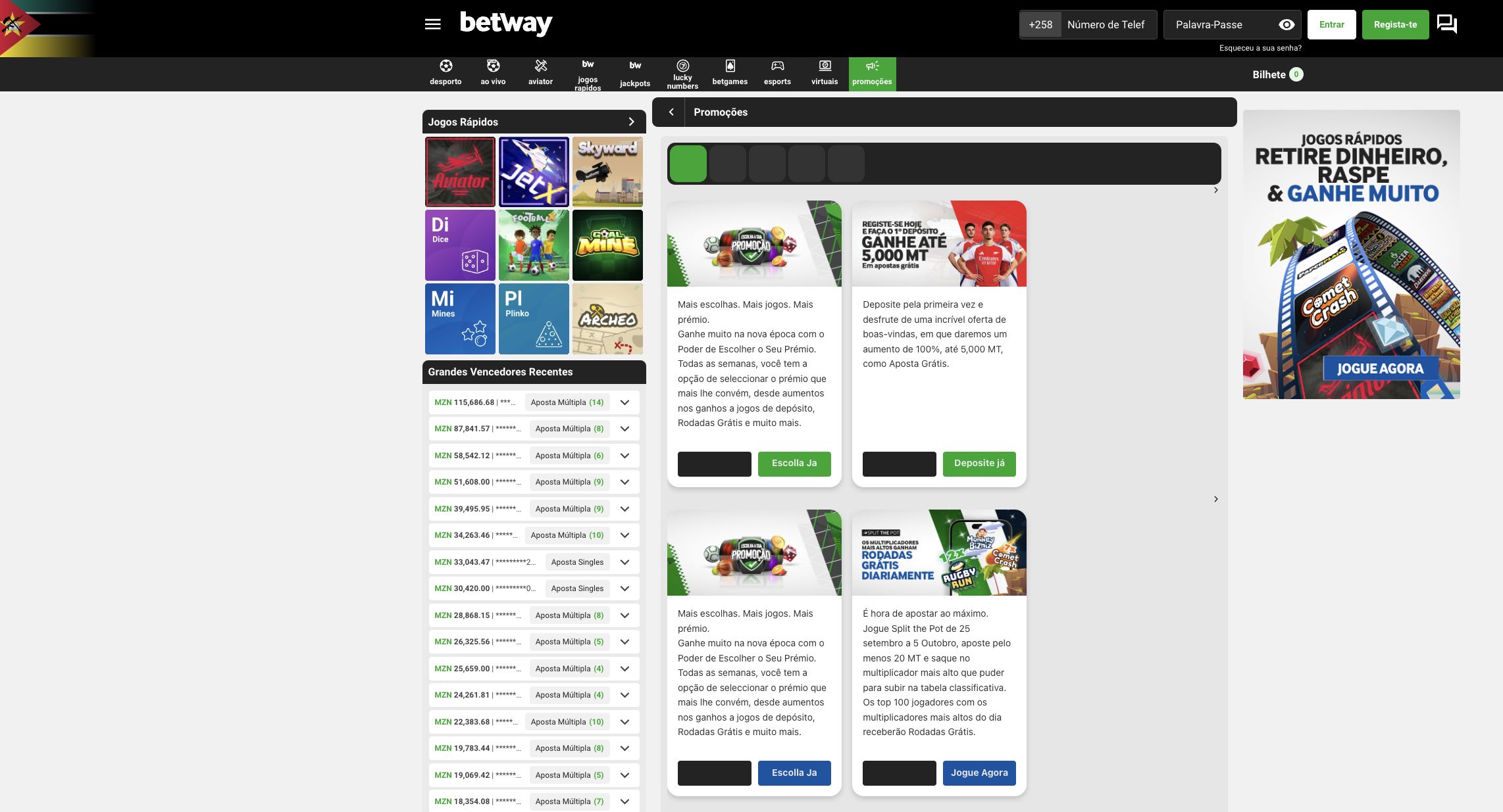 Secção de bónus na Betway