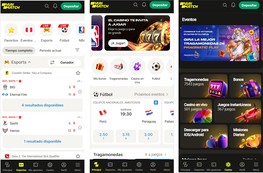 Imagen que muestra tres screenshots de parimatch app android