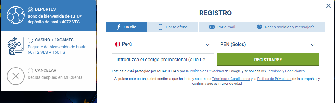 Registro para uso bono bienvenida 1xBet