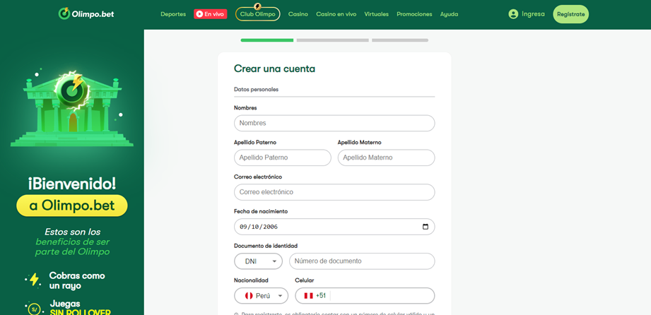 Se muestra la página de registro de olimpo Bet en donde se ingresa el código