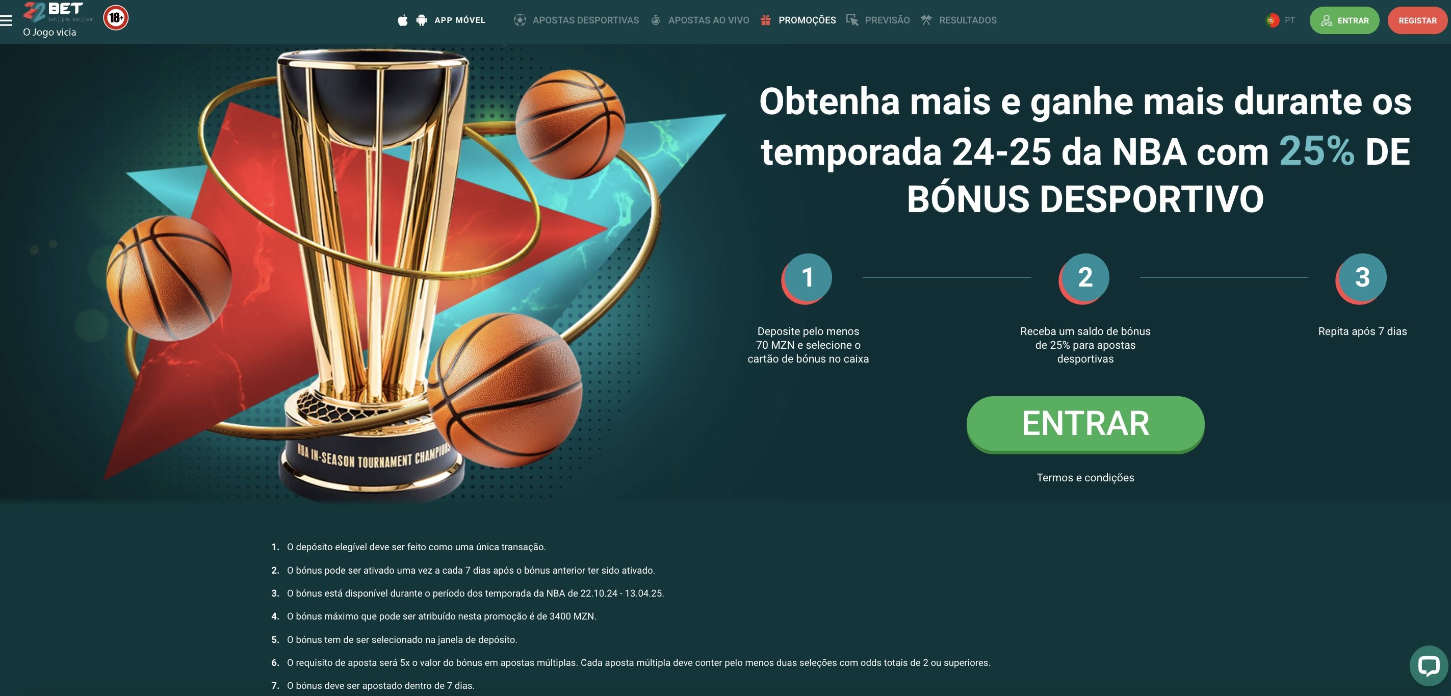 Página de promoções da 22Bet