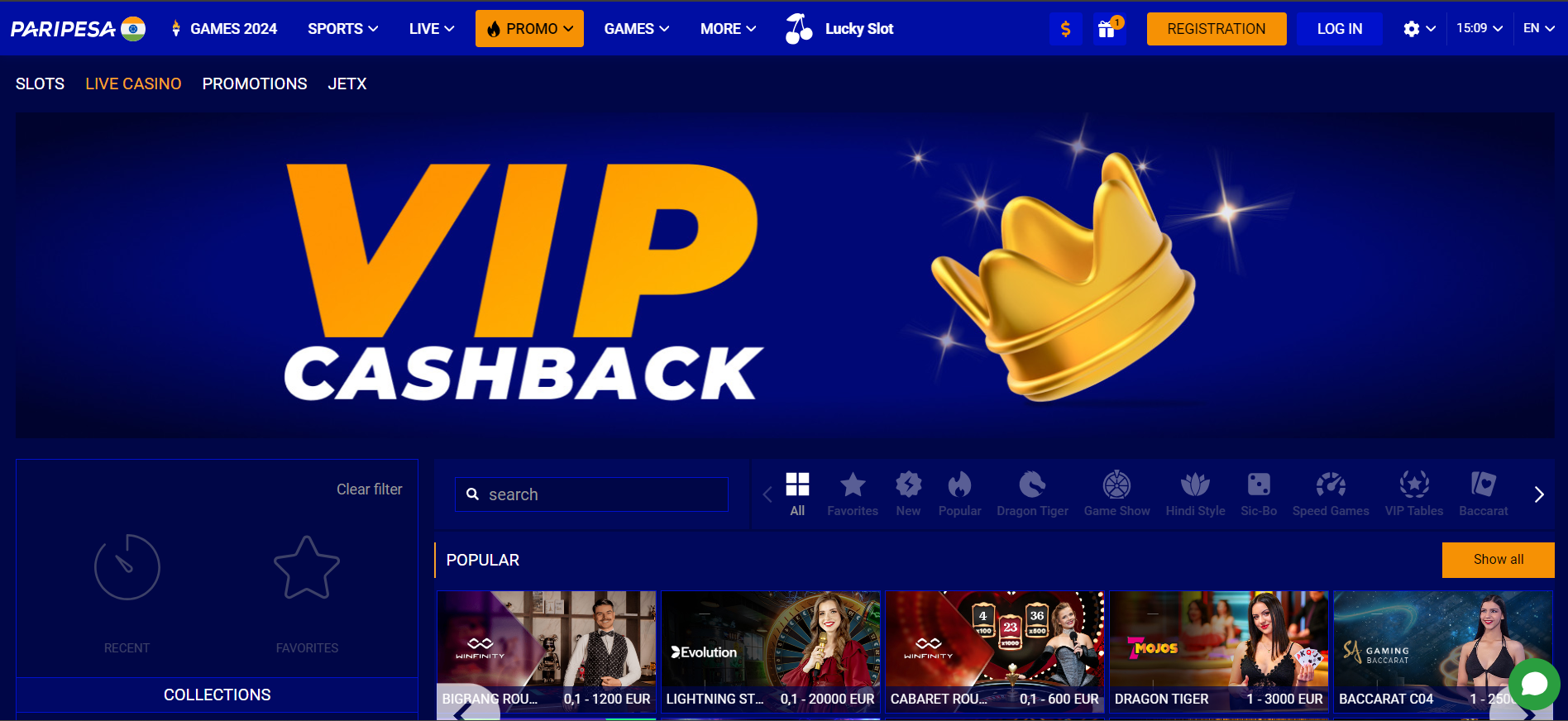 Paripesa casino homepage