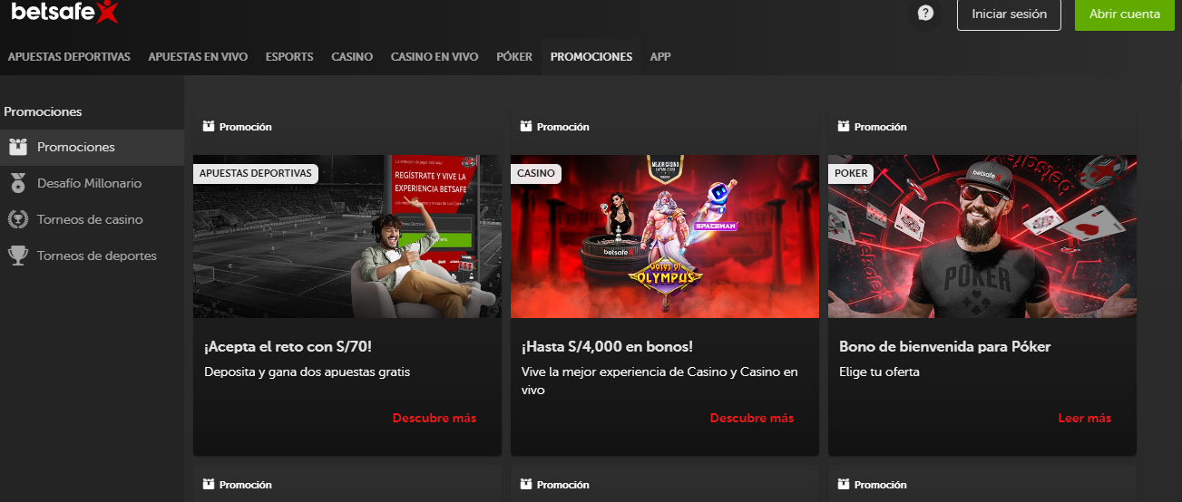 Sección de promociones en Betsafe casa de apuestas