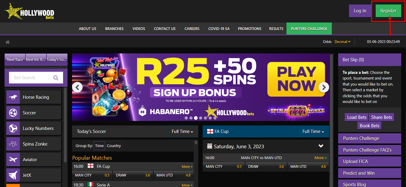 Image of Hollywoodbets Casino Homepage