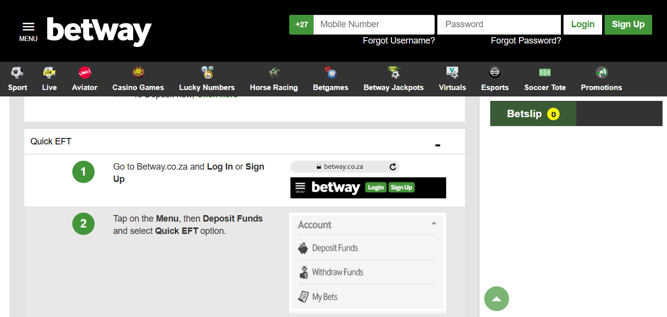 Betway South Africa Quick EFT Deposit