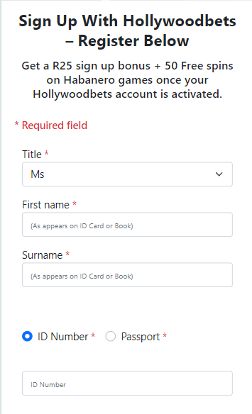 Hollywoodbets Mobile Register Process image