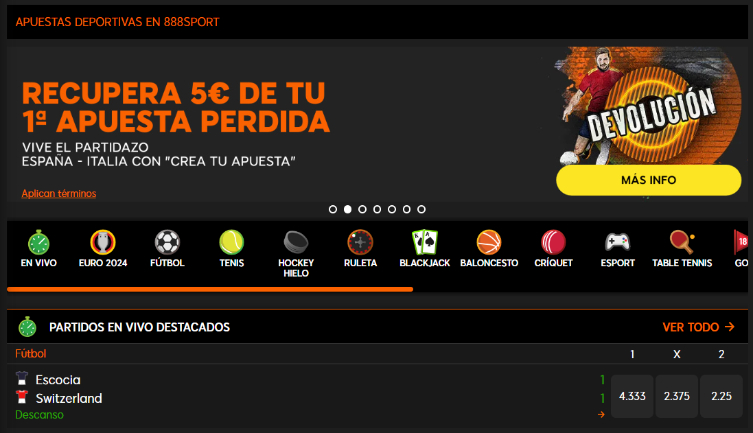 Imagen del sitio web 888sport bono España