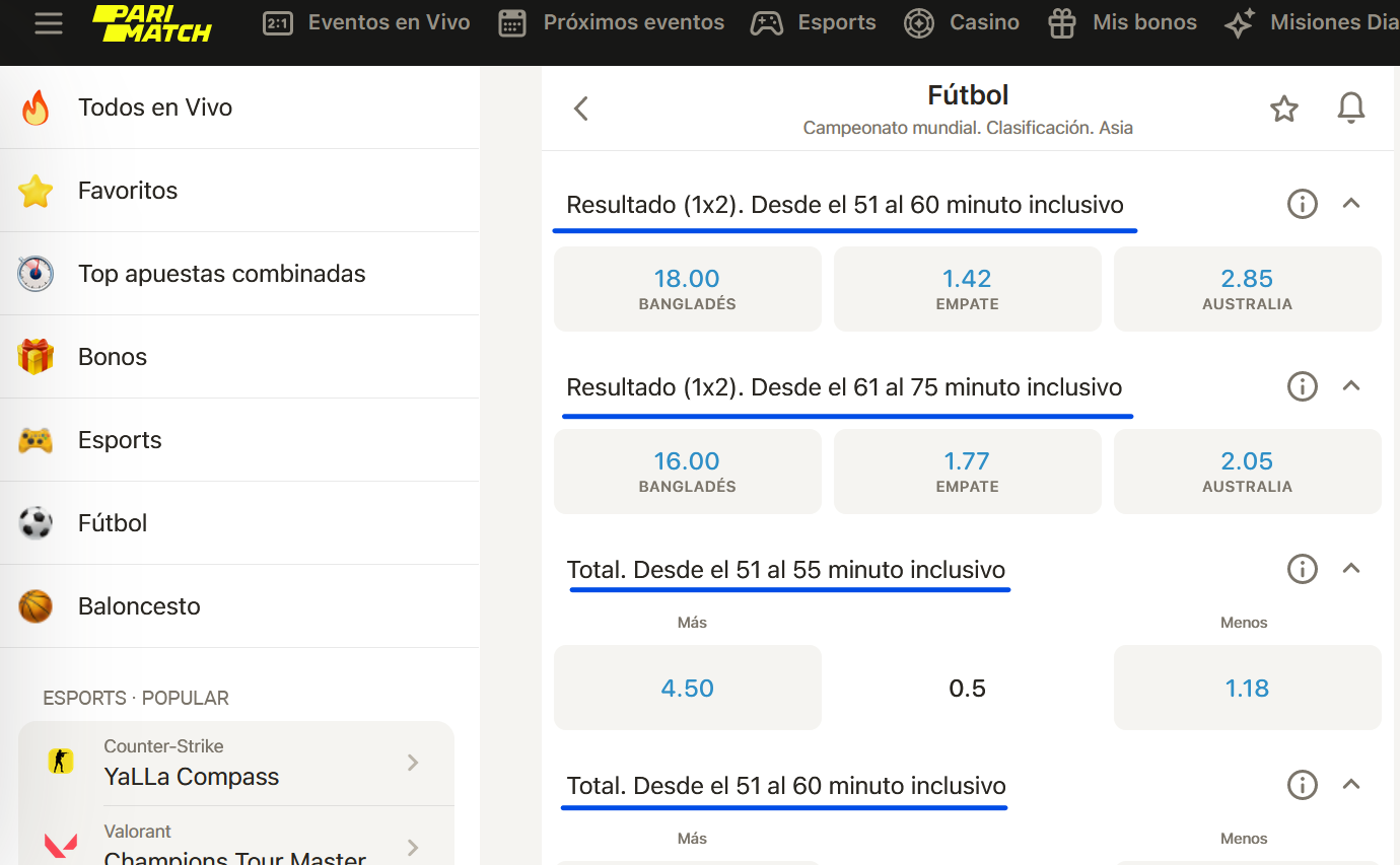 Imagen de los eventos Eventos deportivos disponibles con los mercados por resultados, total, de parimatch perú