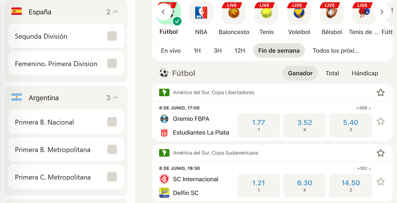 Imagen del sitio web Parimatch con el menú de eventos deportivos