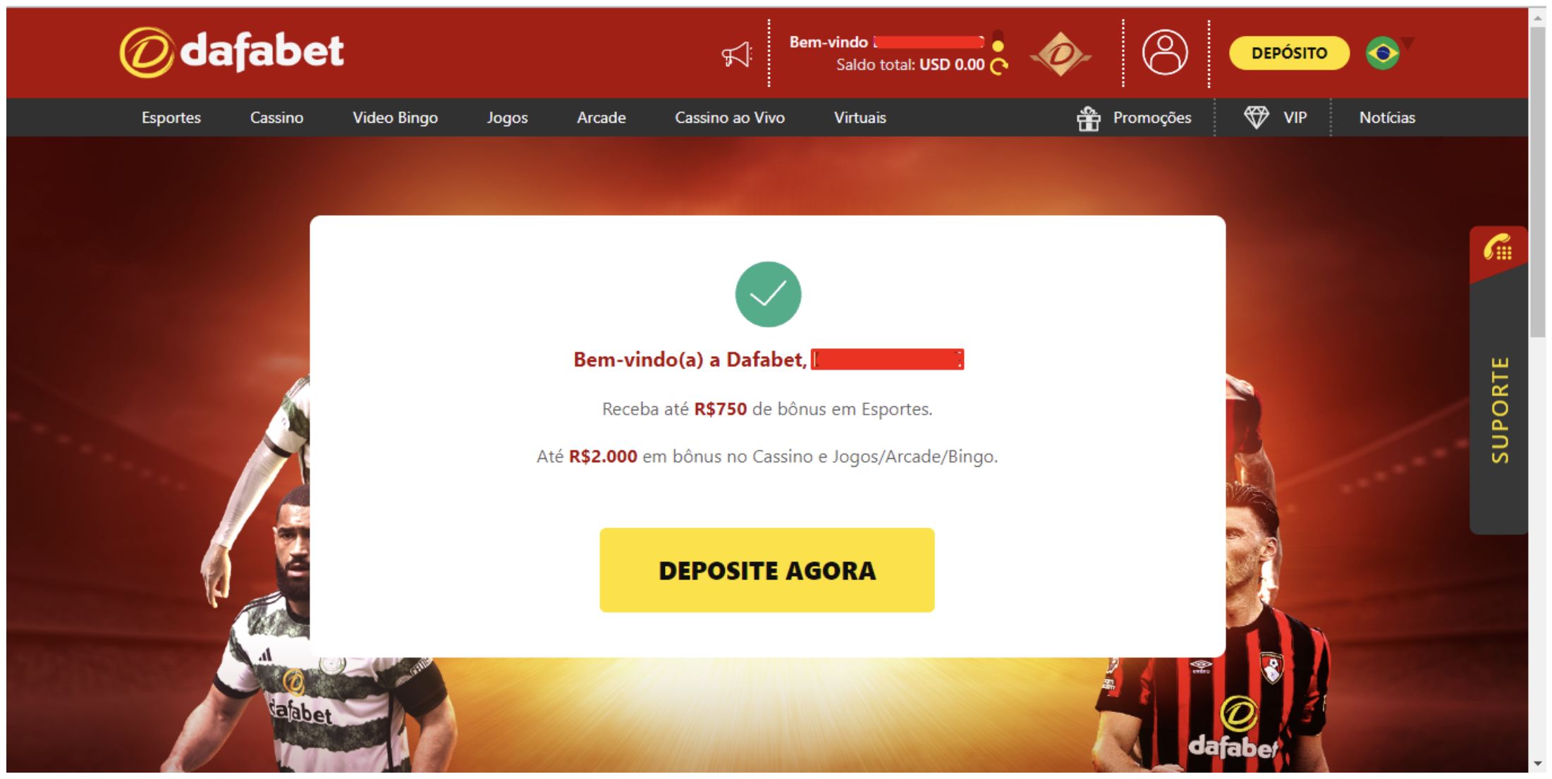 Página inicial pós-registro na Dafabet Moçambique 