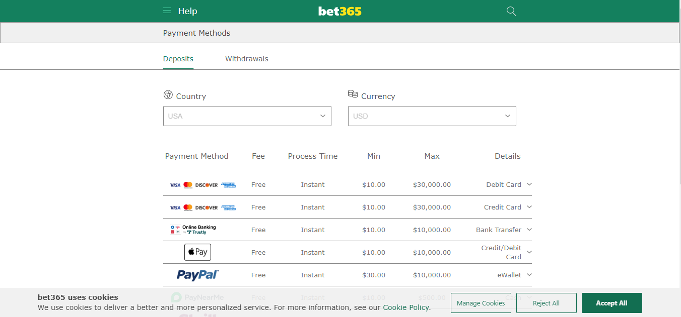 Bet365 Payment Methods