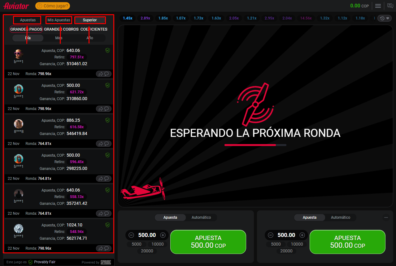 Panel de estadísticas en vivo del Aviator en Colombia