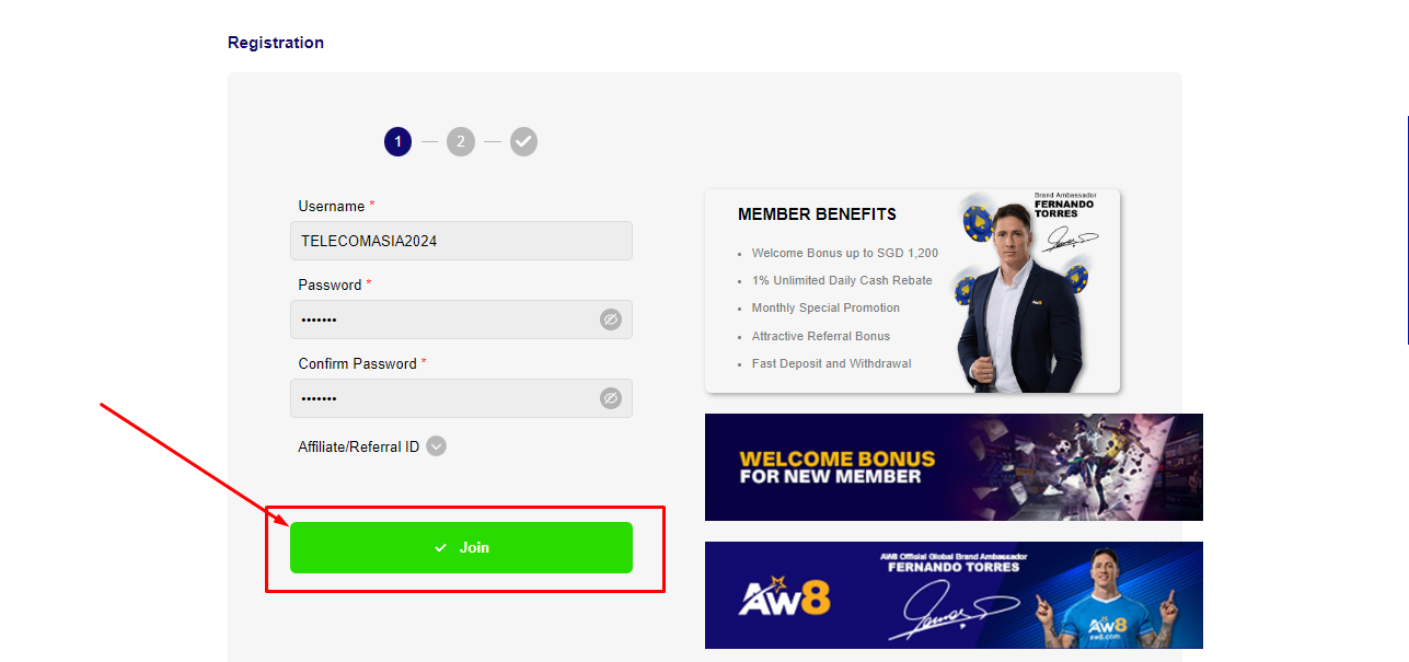 An image of the AW8 sportsbook sign-up form