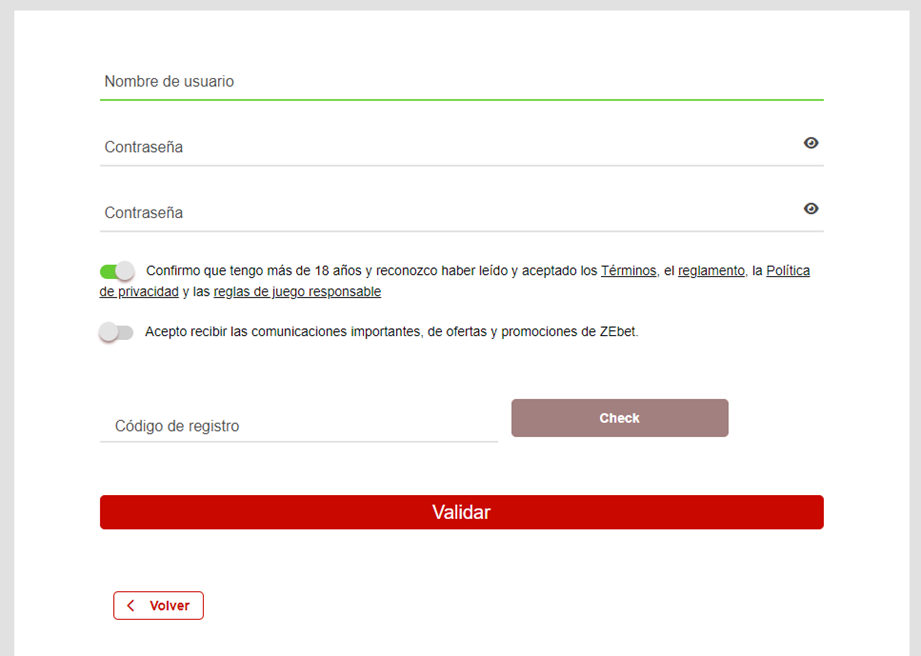 Se muestra parte del formulario de registro y la sección de ingreso código promocional